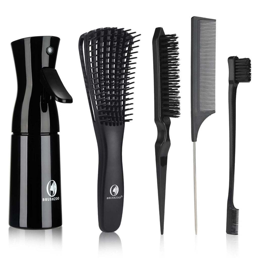 O BRUSHZOO Hair Brush Set, Hair Brushes for Women Men kid Wet Dry All Hair Detangling Parting Styling, Brush Set with Detangler Brush, Edge Brush, Teasing brush, Rat Tail Comb (Black)