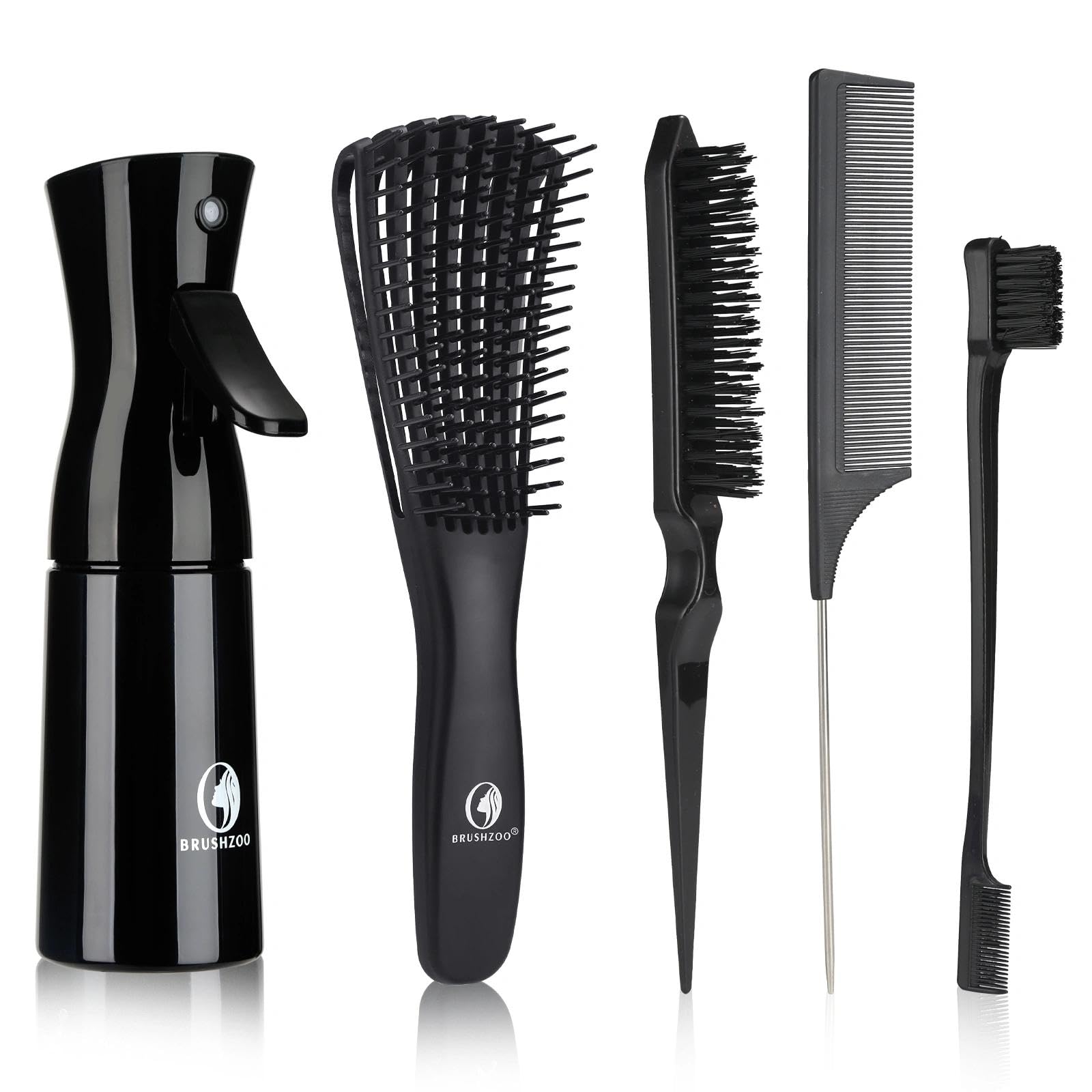 O BRUSHZOO Hair Brush Set, Hair Brushes for Women Men kid Wet Dry All Hair Detangling Parting Styling, Brush Set with Detangler Brush, Edge Brush, Teasing brush, Rat Tail Comb (Black)