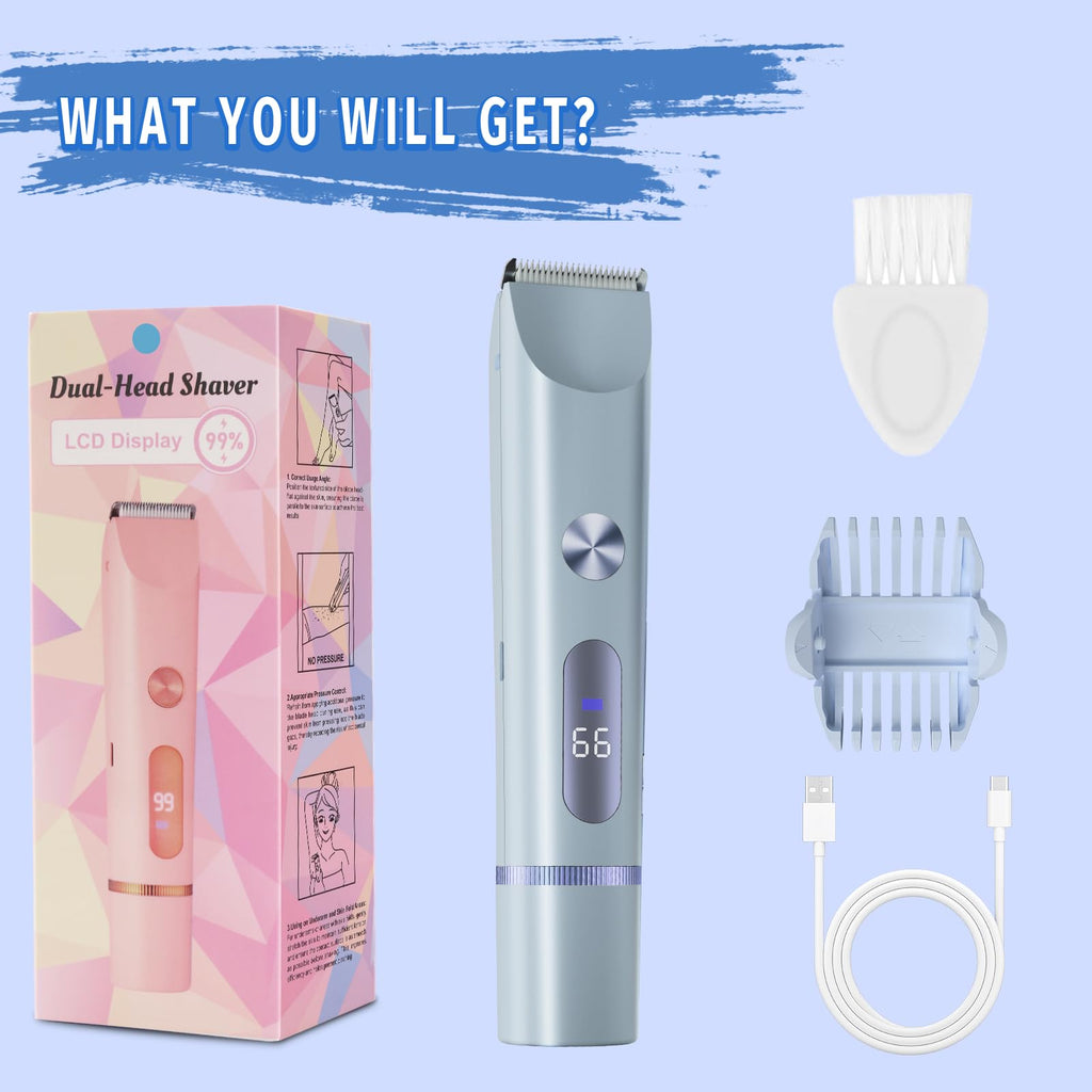Bikini Trimmer for Women, 2 in 1 Electric Shaver for Women, Rechargeable Electric Razor Body Hair Trimmer Wet & Dry Use, Blue