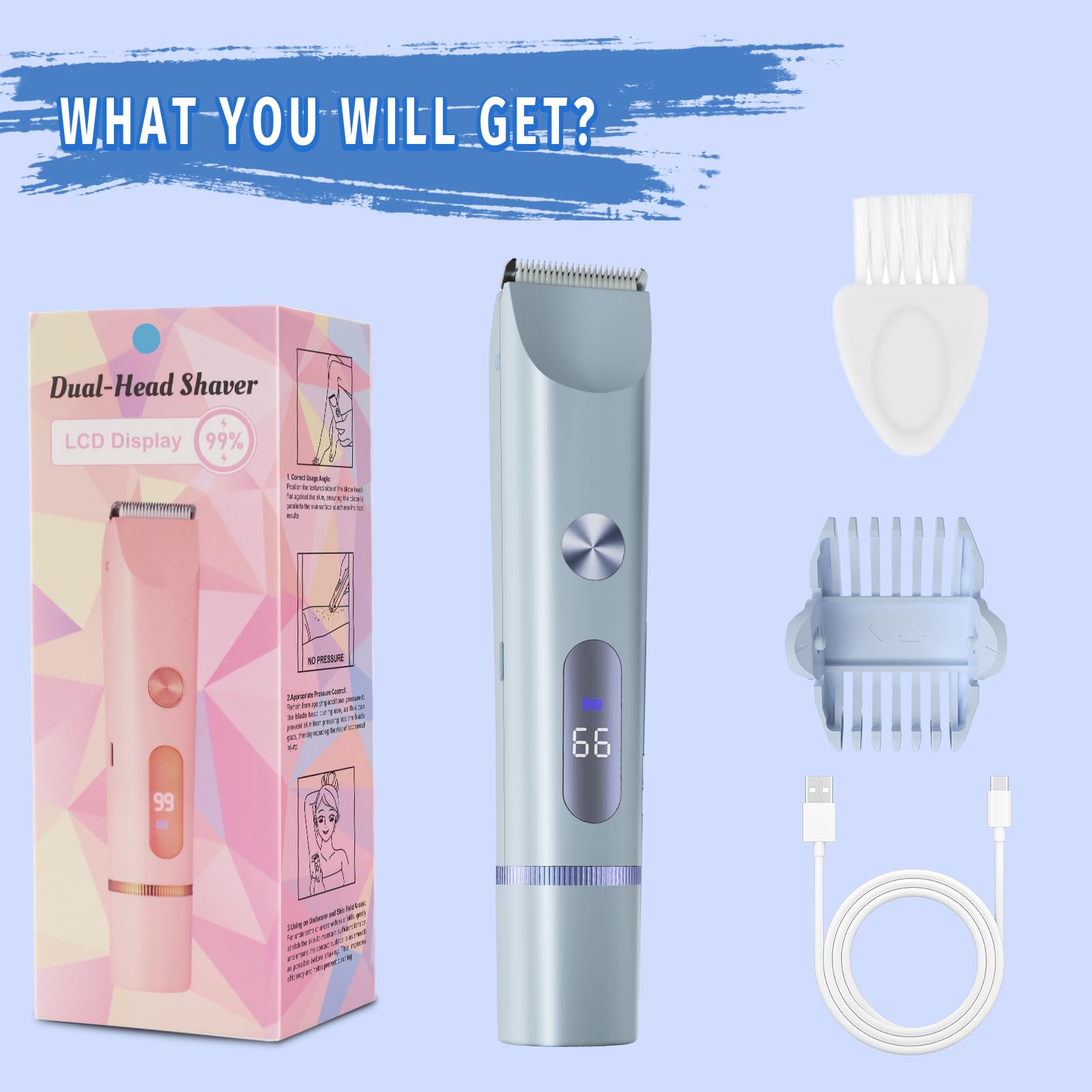 Bikini Trimmer for Women, 2 in 1 Electric Shaver for Women, Rechargeable Electric Razor Body Hair Trimmer Wet & Dry Use, Blue