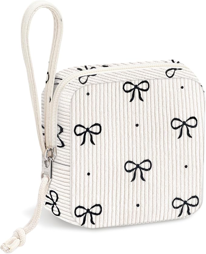 Chicarries Small Makeup Bag | Discreet Period Bag Pad Pouch for Purse| Sanitary Napkin Storage & Tampon Holder for Travel (Cute black bow)