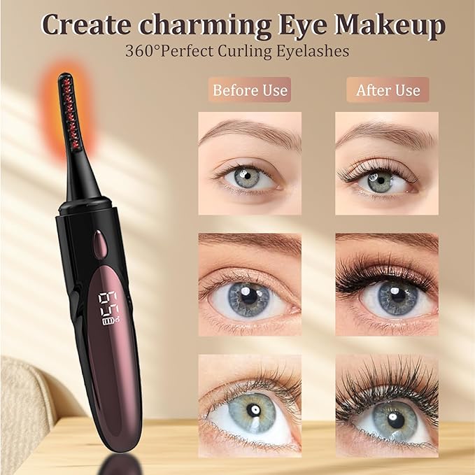 Electric Heated Eyelash Curler - USB Rechargeable with Fast 10s Heat-Up, 24-Hour Long-Lasting Hold, 4 Adjustable Heating Modes & LED Display - Essential Makeup Tool for Perfect Lashes (Black)