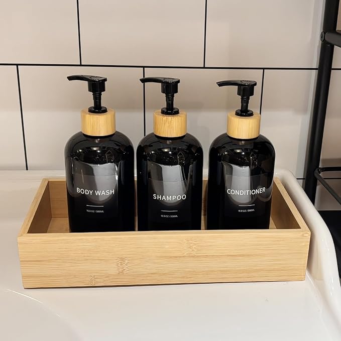 Shampoo and Conditioner Dispenser, Refillable Plastic Shampoo Pump Bottles with Waterproof Labels, Empty Body Wash Dispenser Set for Bathroom, Shower Soap Bottles (Black, Set of 3, 16.9oz)