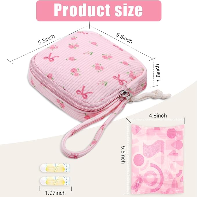 Chicarries Small Makeup Bag | Discreet Period Bag Pad Pouch for Purse| Sanitary Napkin Storage & Tampon Holder for Travel(Flower bow pink)