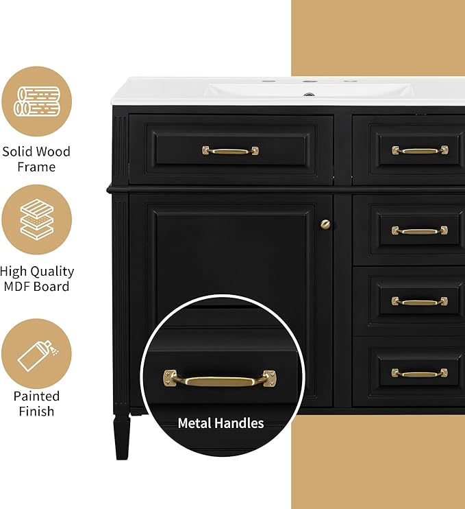 Harper & Bright Designs 36" Bathroom Vanity with Sink, Free Standing Vanity Set with 4 Drawers, Storage Racks, and Adjustable Shelf, Wood Bathroom Cabinet with Ceramic Basin for Bathroom, Black