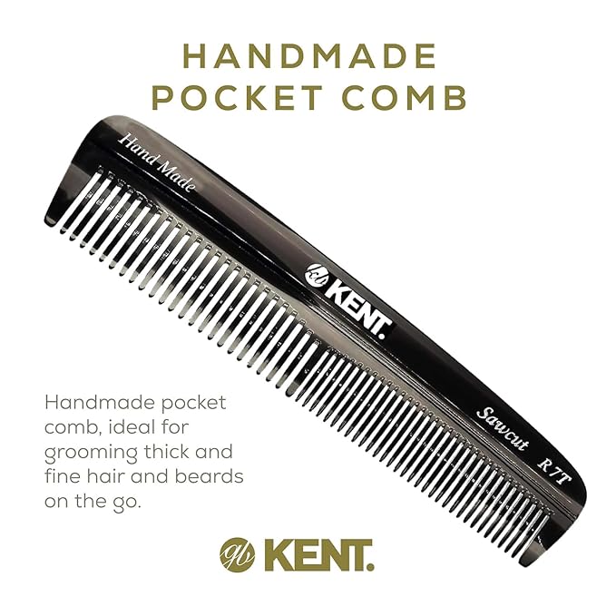 Kent R7T Black Graphite Fine and Wide Tooth Hair Comb, Handmade Pocket Comb for Men, Best Beard and Mustache Comb for Everyday Grooming and Styling, Sawcut, Made in England