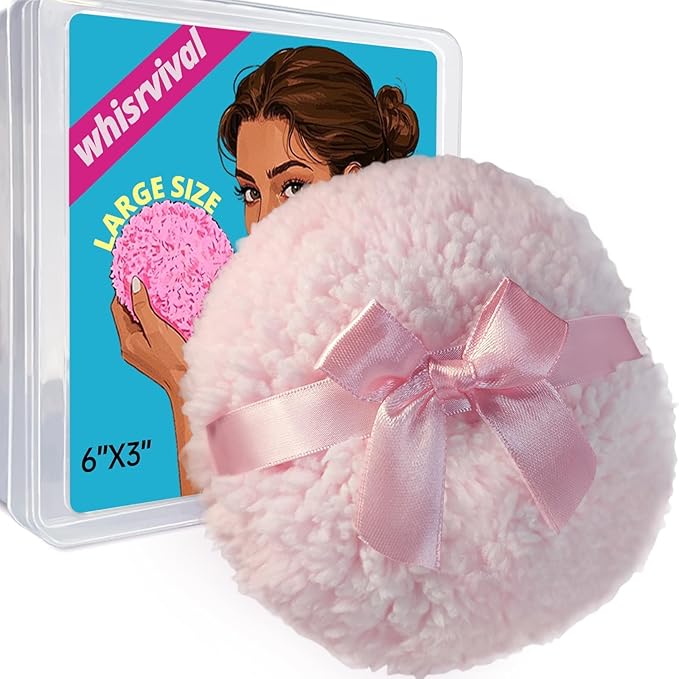 whisrvival 6" Large Powder Puff for Body Powder, Soft Body Dusting Powder Puff with Container, Washable, Quick Even Application, Pink