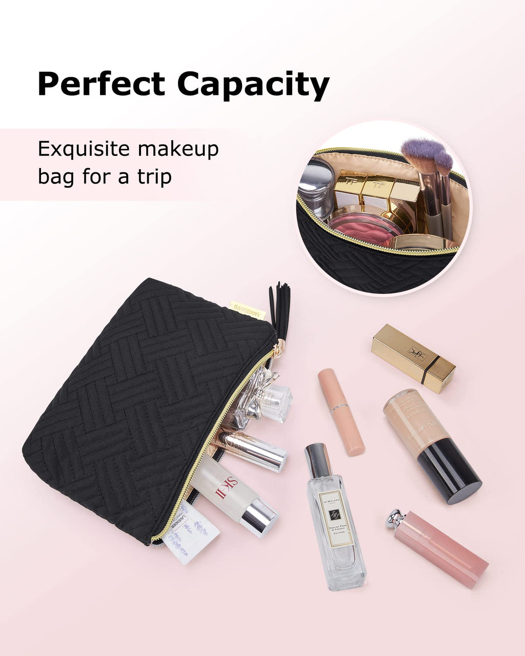 BAGSMART Small Makeup Bag, Elegant Cosmetic Pouch with Tassel, Soft Water-Resistant Travel Organizer for Women, Cosmetics & Everyday Essentials, Black
