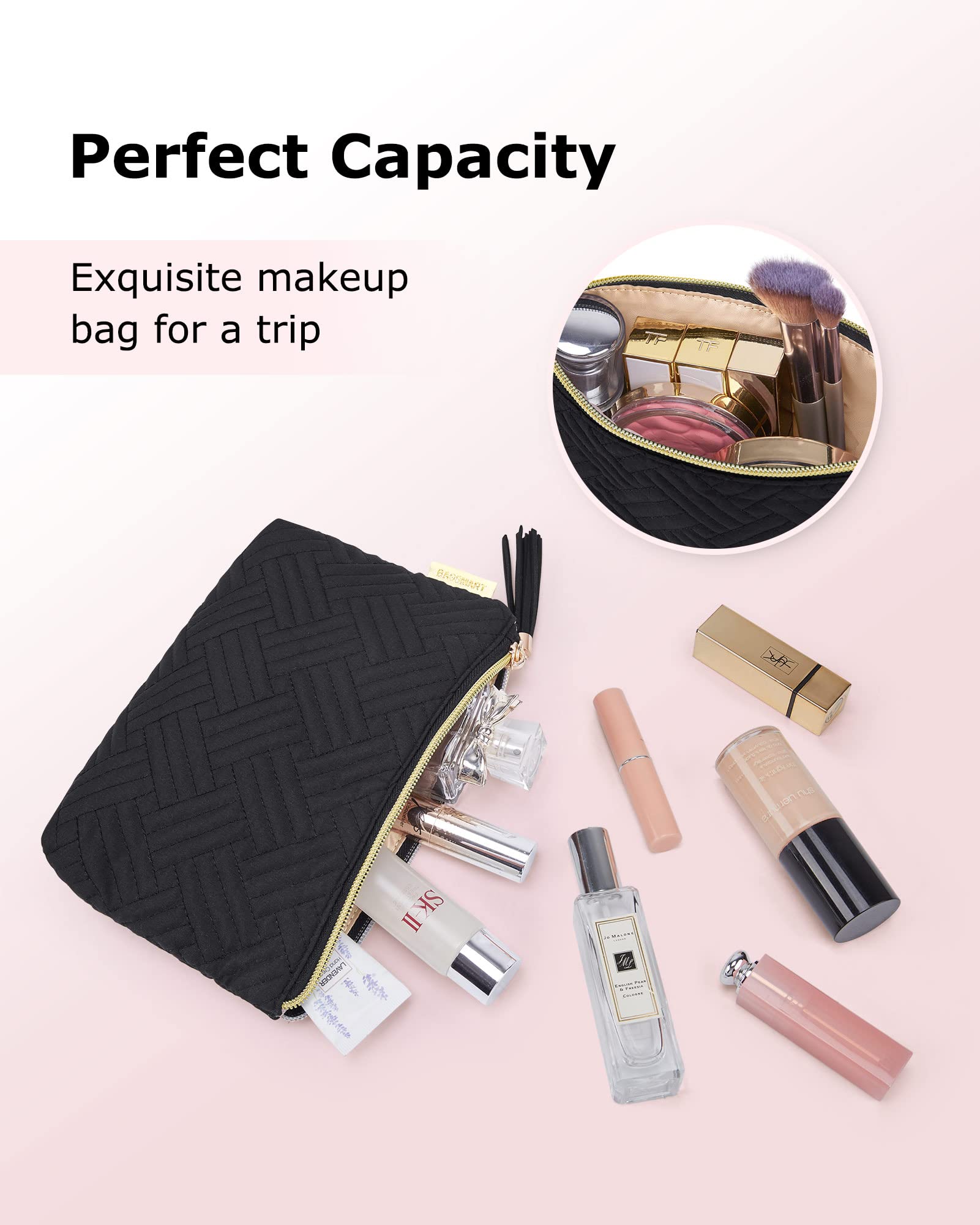 BAGSMART Small Makeup Bag, Elegant Cosmetic Pouch with Tassel, Soft Water-Resistant Travel Organizer for Women, Cosmetics & Everyday Essentials, Black