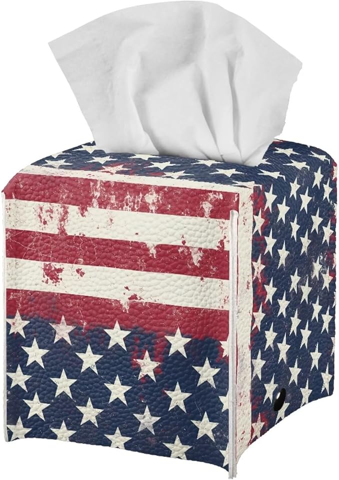 American Tie Dye Minimalist Tissue Box Holder, Square PU Leather Napkin Organizer with Secure Metal Button, Waterproof and Stain-Resistant Tissue Cover for Home, Kitchen, and Automotive Use