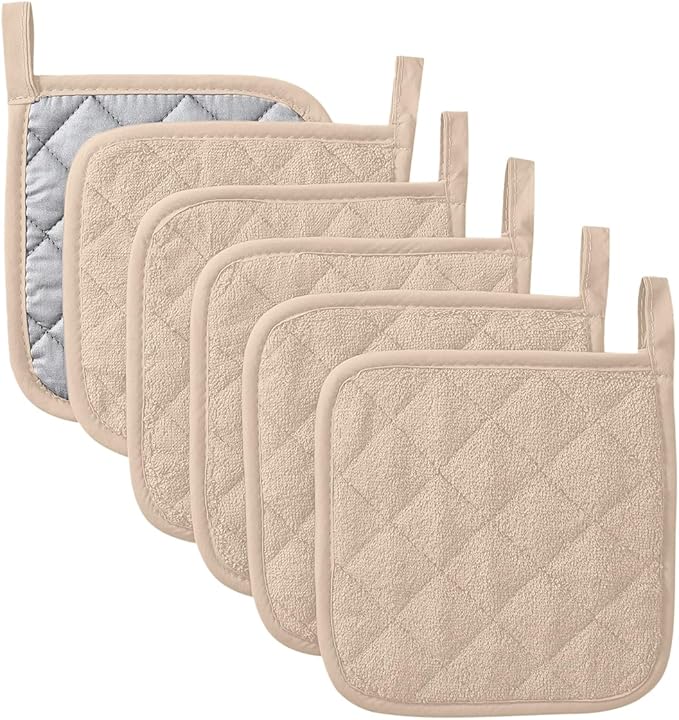 Kitchen Pot Holders Set Heat Resistant Pure Cotton Potholders Kit Trivets Large Coasters Hot Pads Terry Pot Holders for Everyday Cooking and Baking by 7 x 7 Inch Set of 6 Dark Beige