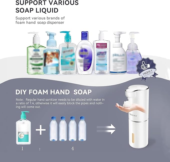 Secura Foaming Soap Dispenser, 10oz/300ml Touchless Automatic Soap Dispenser with Adjustable Volume Control, Rechargeable Hands Free Soap Dispenser for Kitchen, Bathroom (White)