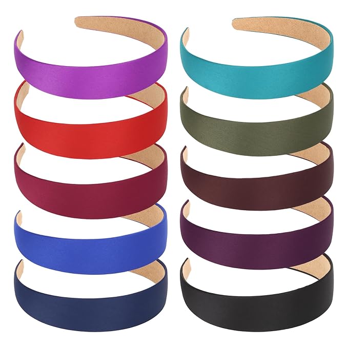 Wecoe 10 Pack Satin Headbands 1 Inch Wide Red Black Green Purple Brown Blue Headband Women Girls Non Slip Fashion Hair Bands Diy Costume Hair Accessories Women Girls Diademas Coreanas Para Mujer
