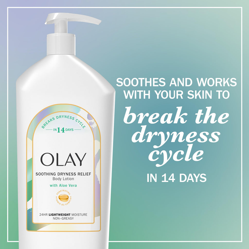 Olay Body Lotion for Women, Soothing Dryness Relief, 24hr Moisturizing & Deep Hydration, Absorbs Instantly, Penetrating Vitamin B3 Complex, For All Skin Types, Aloe Vera Scent, 18 fl oz