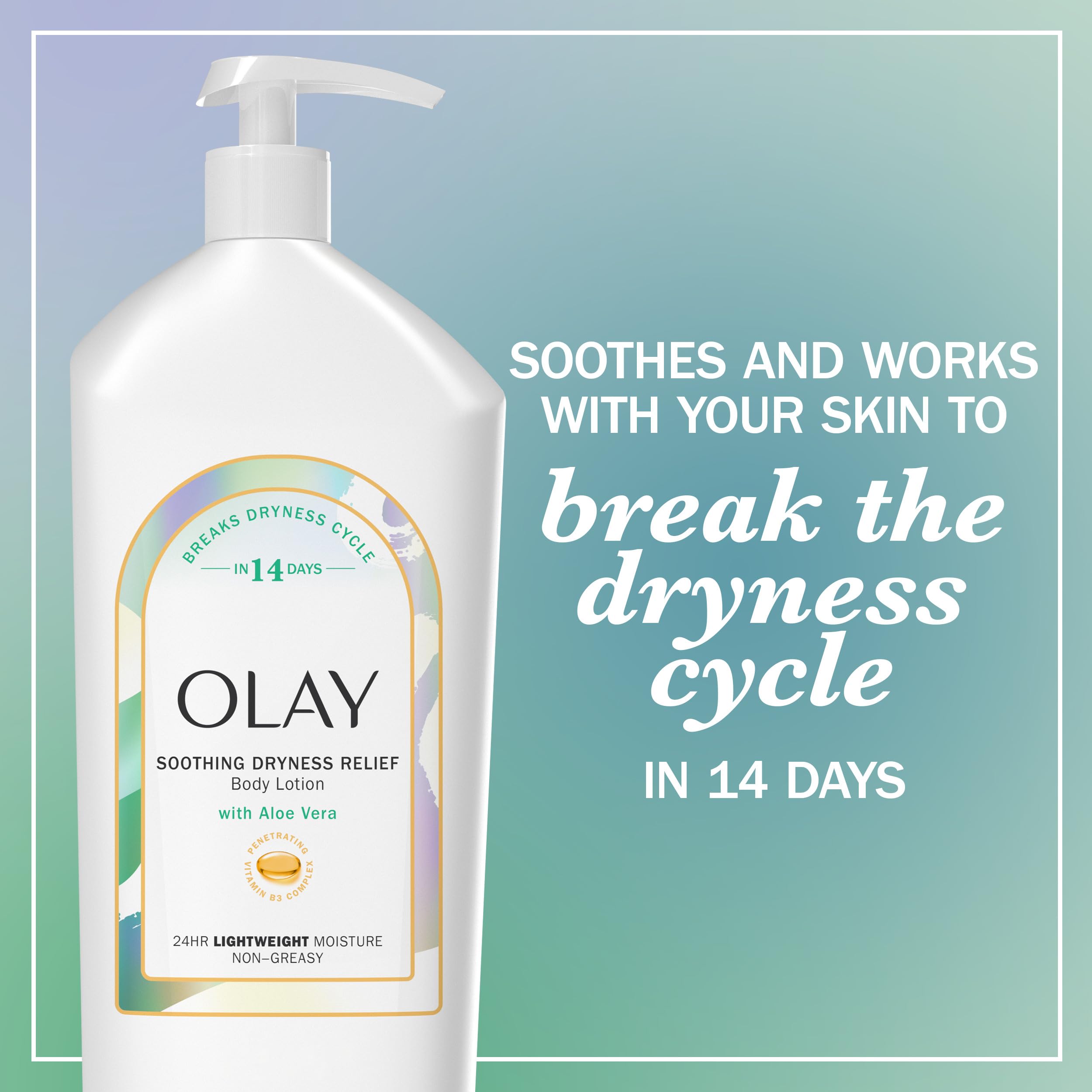 Olay Body Lotion for Women, Soothing Dryness Relief, 24hr Moisturizing & Deep Hydration, Absorbs Instantly, Penetrating Vitamin B3 Complex, For All Skin Types, Aloe Vera Scent, 18 fl oz