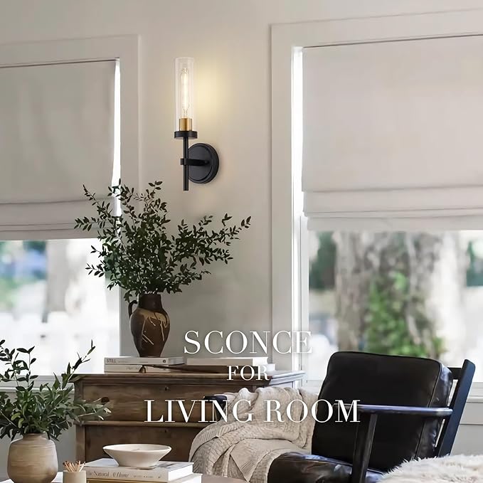 Hardwired Wall Sconces Set of Two, Bathroom Vanity Sconces Wall Lighting with Clear Glass Shade, Black and Gold Modern Farmhouse Wall Mount Lights for Mirror Bedroom Living Room Hallway Entryway