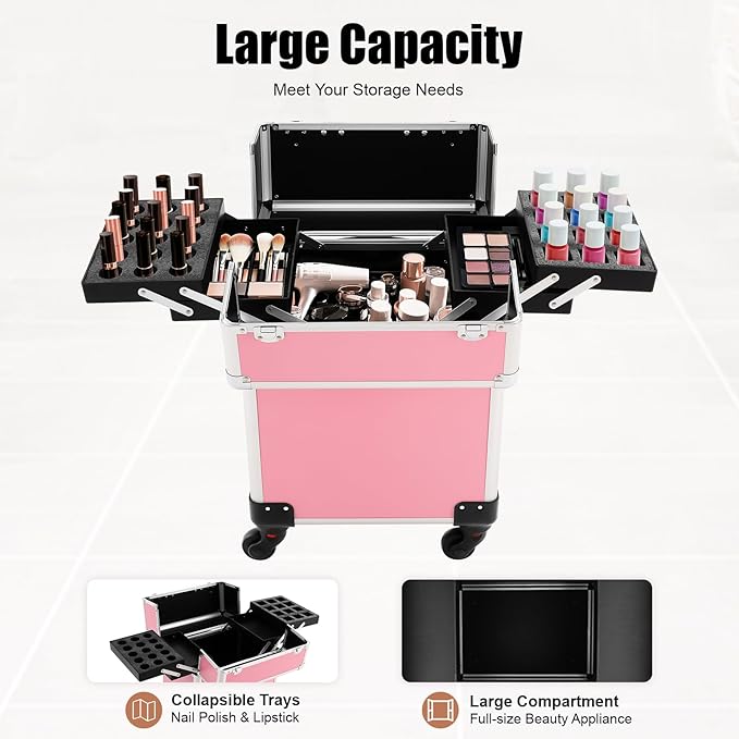 KHROOLT Rolling Makeup Train Case, Large Aluminum Alloy Cosmetic Trolley Case with Wheels & Retractable Handle, Lockable Storage for Makeup Artists, Lash Techs, Travel, Pink