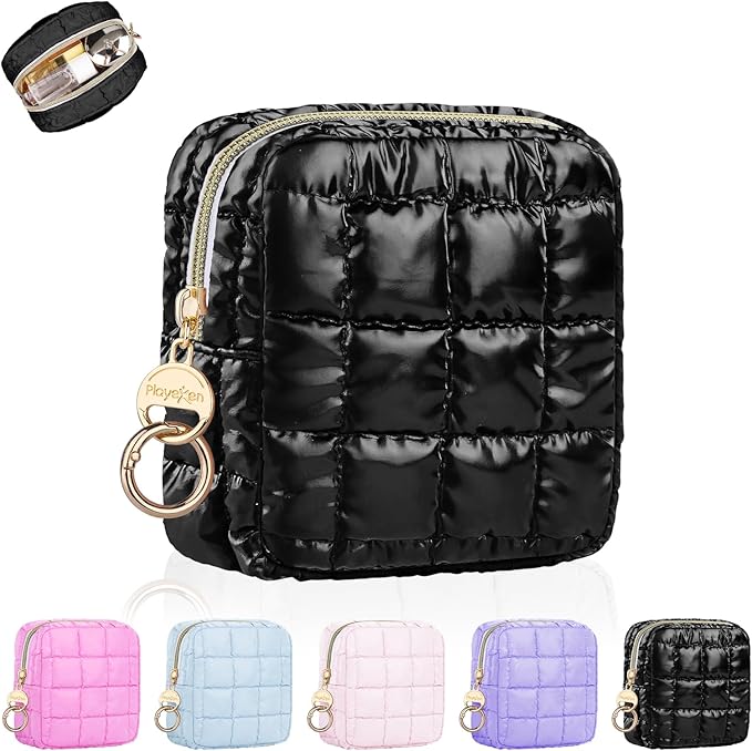 Playexen 4.9" Puffy Small Makeup Bag, Cute Quilted Cosmetic Bag for Purse, Mini Travel Toiletry Organizer Pouches for Women, Black