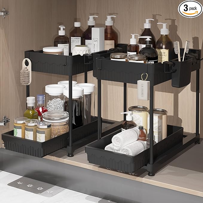 Sevenblue 2 Packs Under Sink Organizer, Height Adjustable 2 Tier Under Kitchen Sink Organizer, Multi-Purpose Storage Shelf for Kitchen Bathroom Cabinet, Deep-Black,12.85 Inches