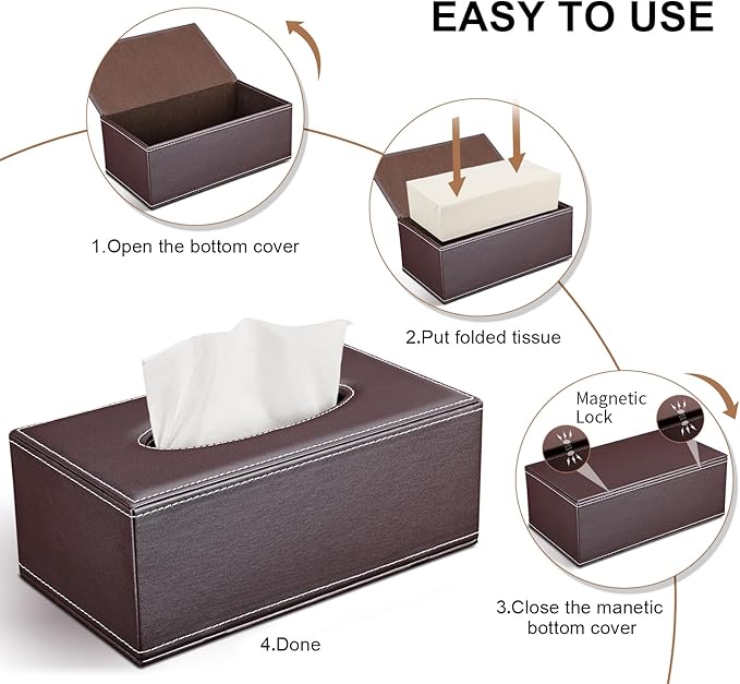 Tissue Box Cover Rectangle, PU Leather Tissue Box Holder Rectangular, Kleenex Box Covers for Home/Office/Car Decoration 9.84"X5.23"X3.77" - Brown