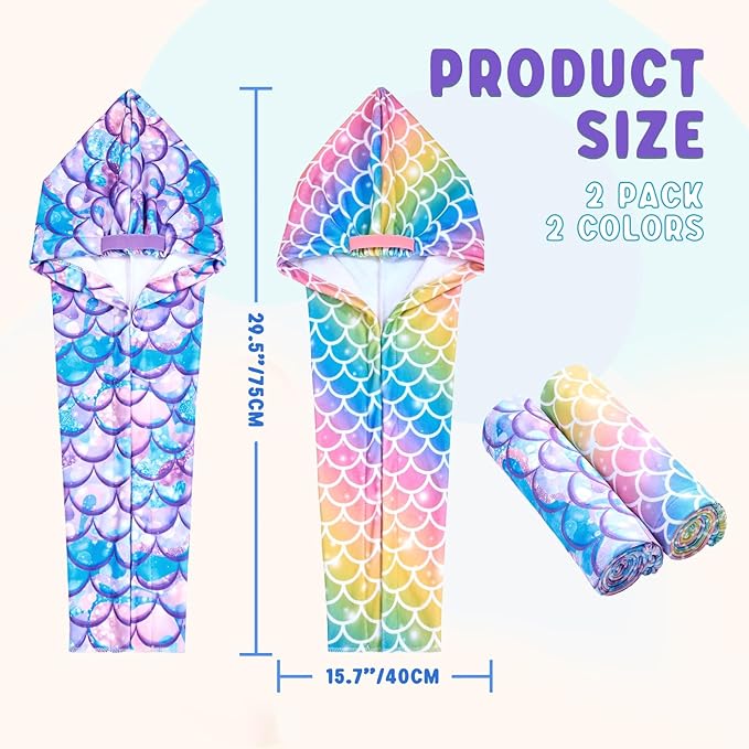 WAWSAM Kids Hair Drying Towel Wrap - Microfiber Hair Towel for Girls, Quick Dry Hair Cap with Button & Elastic Loop, 2 Pack (Rainbow&Purple)
