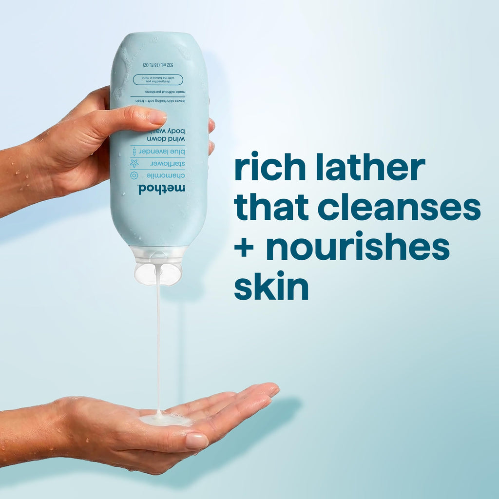 method Body Wash, Wind Down - Leaves Skin Feeling Soft & Moisturized, Made Without Parabens, Notes of Chamomile, Starflower & Blue Lavender, 18 fl oz - 3 pack