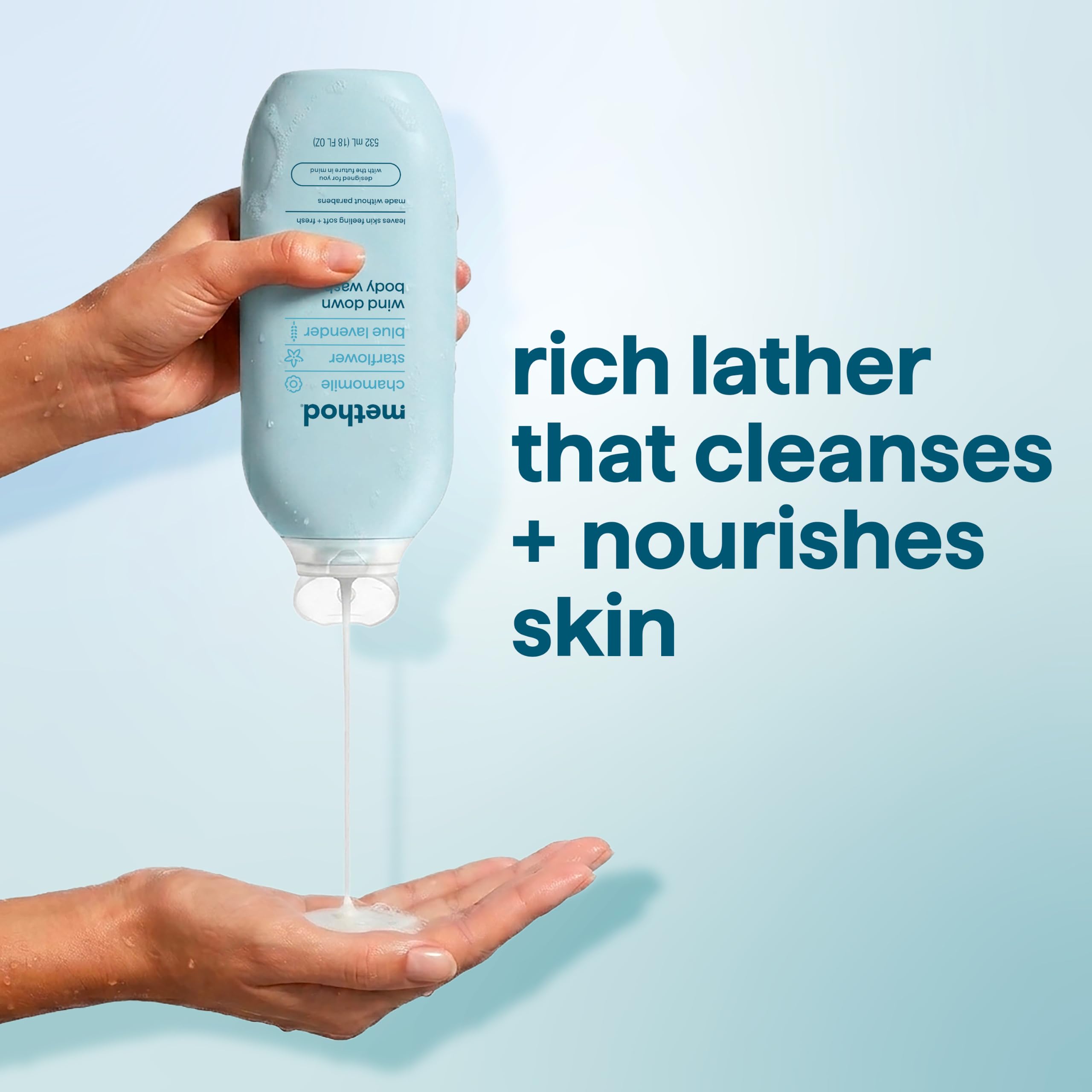 method Body Wash, Wind Down - Leaves Skin Feeling Soft & Moisturized, Made Without Parabens, Notes of Chamomile, Starflower & Blue Lavender, 18 fl oz - 3 pack