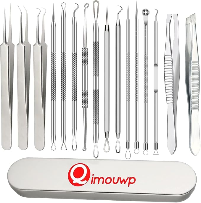 16 Pcs Pimple Popper Tool Kit, Blackhead Remover Tools, Comedone Extractor Whitehead Zit and Cyst Acne Removal Kit, Professional Stainless Steel Tweezers for Eyebrows, Beauty Tools for Face Nose