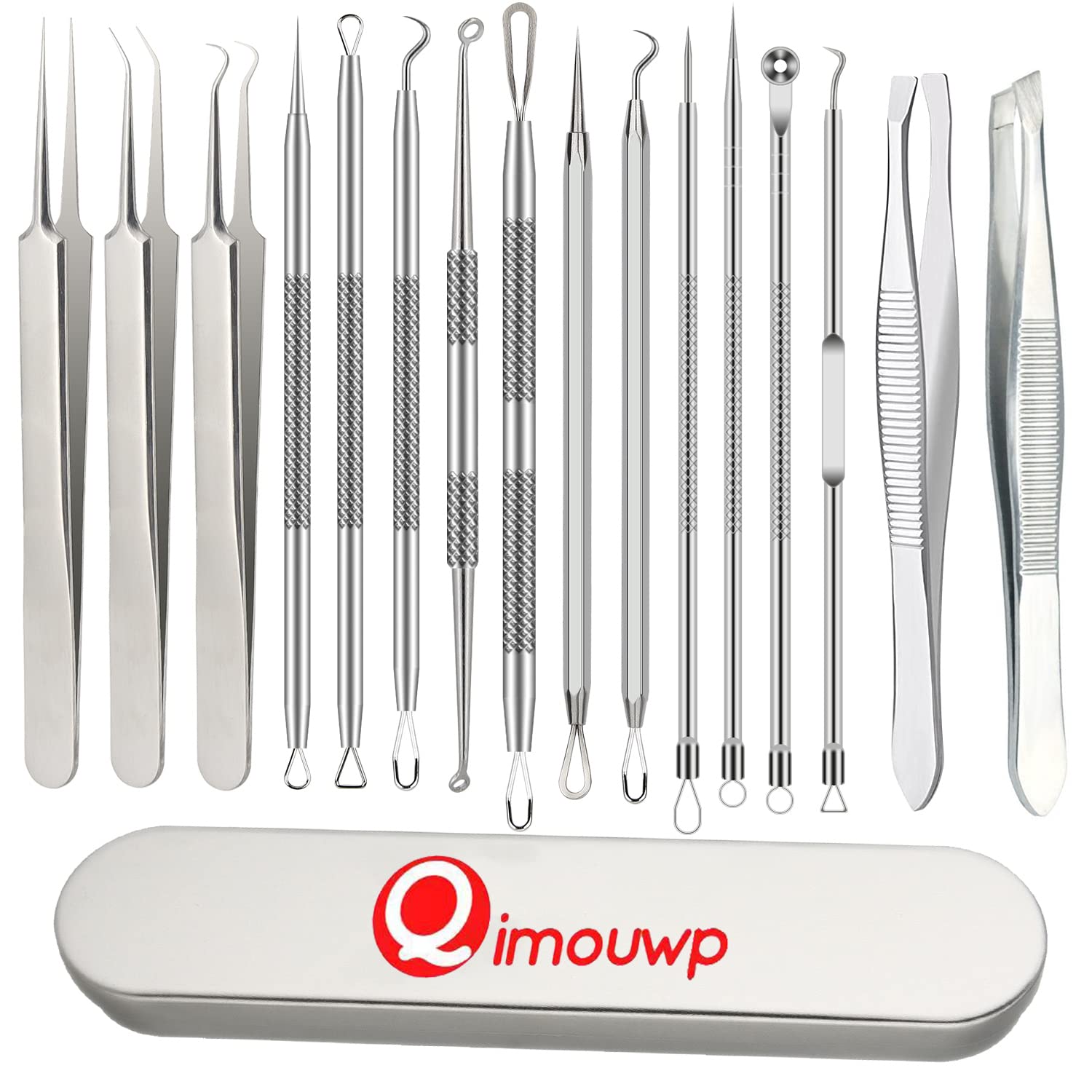 16 Pcs Pimple Popper Tool Kit, Blackhead Remover Tools, Comedone Extractor Whitehead Zit and Cyst Acne Removal Kit, Professional Stainless Steel Tweezers for Eyebrows, Beauty Tools for Face Nose