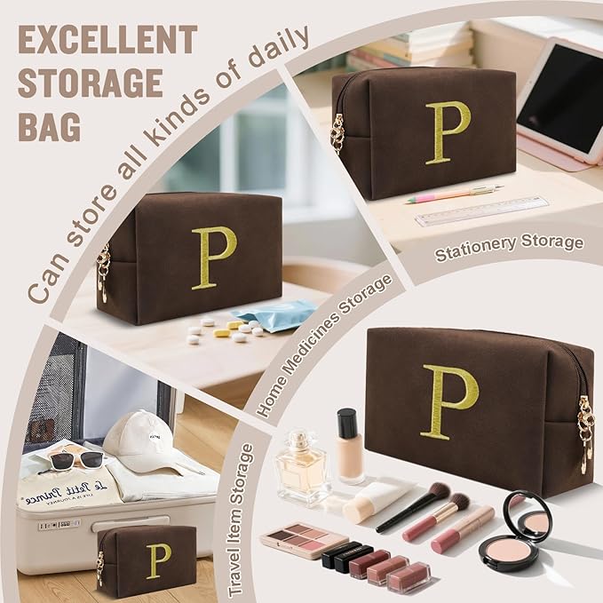 Personalized Initial Makeup Bag,Preppy Suede Cosmetic Bag for Teen Girls,Small Monogram Travel Toiletry Bag With Gold Embroidered Letter,Trendy Stuff Custom Christmas Gift for Women(Coffee-P)