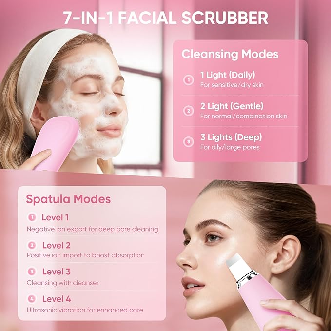 Stepcare Silicone Face Scrubber Blackhead Scraper Rechargeable 2-in-1 Facial Cleansing Brush & Skin Spatula Duo, IPX7 Waterproof Exfoliating Massager Deep Cleansing for Women and Men(Light Pink)