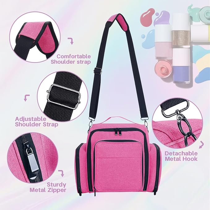 YAHOURWAT Nail Polish Organizer Holds 60 Bottles and a Nail Lamp,Portable Travel Case with 2 Removable Bags and Tools Storage Pockets Rose Red