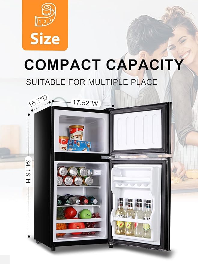 KRIB BLING Mini Fridge With Freezer,3.5 Cu. Ft Compact Refrigerator With 2 Doors,7- Level Adjustable Thermostat, Removable Glass Shelves For Bedroom, Office, Kitchen, Apartment, Dorm, Black