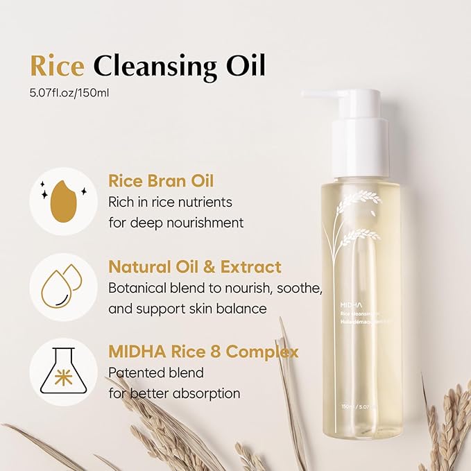 MIDHA Rice Cleansing Oil 5.07fl.oz/150ml, Gentle Makeup Remover, Hydrating & Lightweight – Plant-Based, Moisturising First-Step Cleanser for Balanced Skin with Residue-Free, Sebum Care Formula