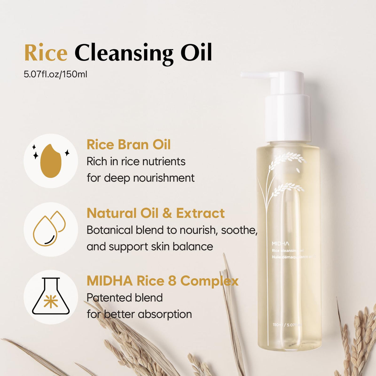 MIDHA Rice Bran Cleansing Oil, Gentle Makeup Remover for Face, Deep Pore Cleanser, Sebum Control, Hydrating Facial Cleanser, Safe for All Skin Types, Korean Skin Care, 6.76 fl. Oz