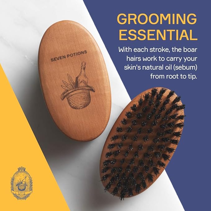 Seven Potions Beard Brush For Men With 100% First Cut Boar Bristles. Made in Pear Wood With Firm Bristles To Tame and Soften Your Facial Hair