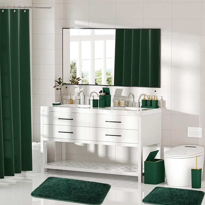 InnJoey Bathroom Sets with Shower Curtain and Rugs - Elegant Bathroom Set, 27PC Bathroom Accessories Set, Green Bathroom Set, Mini Trash Can, Toilet Brush, Trash Can & Soap Dispenser