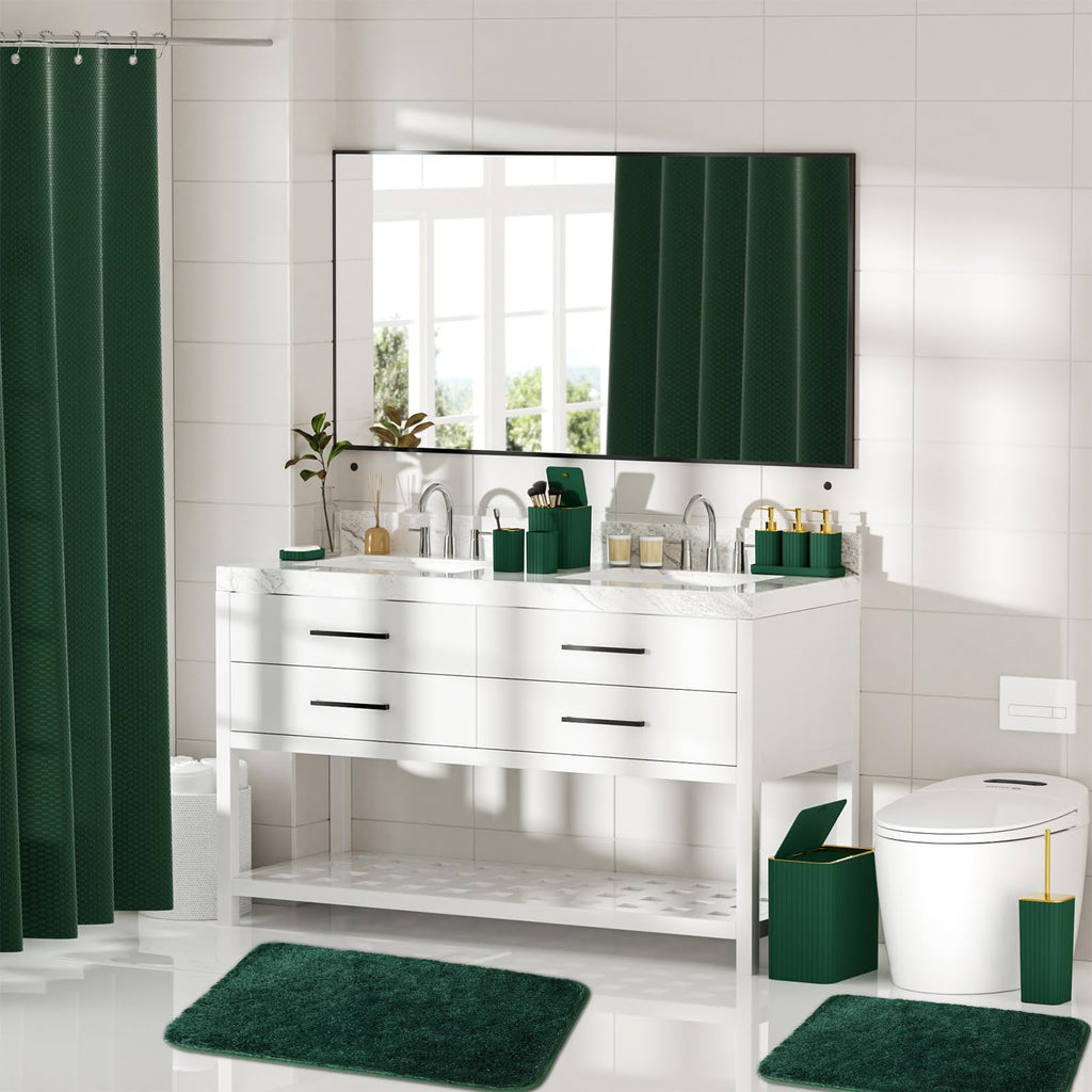 InnJoey Bathroom Sets with Shower Curtain and Rugs - Elegant Bathroom Set, 27PC Bathroom Accessories Set, Green Bathroom Set, Mini Trash Can, Toilet Brush, Trash Can & Soap Dispenser