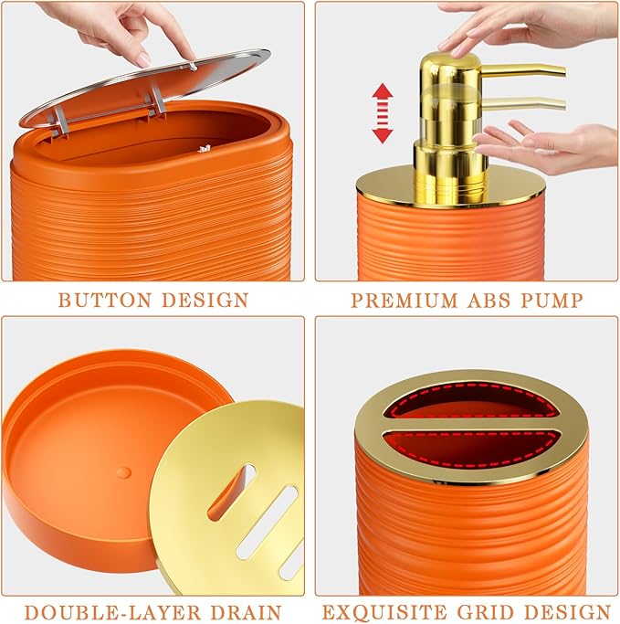 InnJoey Bathroom Set, 10PC Bathroom Accessory Set, Orange Bathroom Accessories, Orange and Gold Bathroom Set with Trash Can, Soap Dispensers
