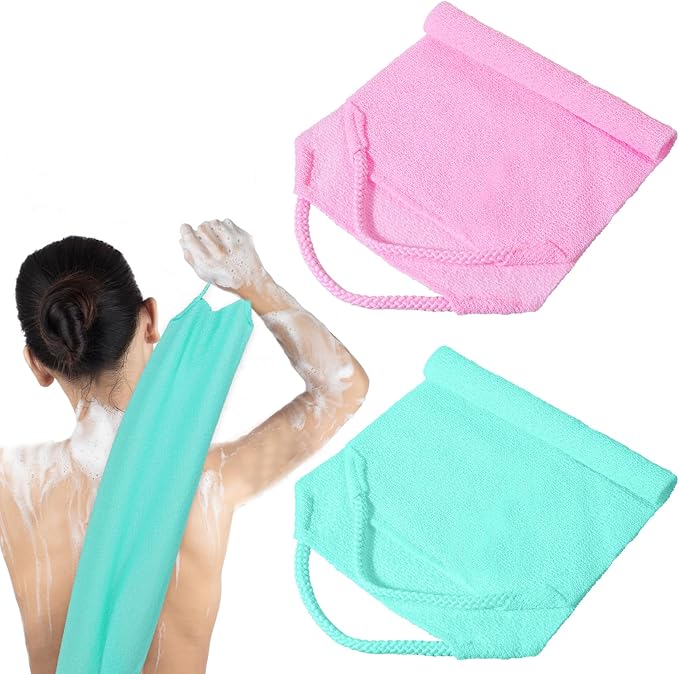 2 PCS Exfoliating Back Scrubber for Women, Double-Side Shower Back Exfoliator with Handles, Winter Bath Shower Tool for Backs Cleaning (Pink, Cyan)