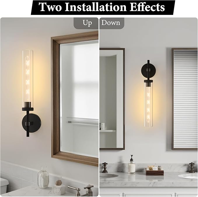 Brass Knurled Tube Wall Sconce - Luxury Modern Glass Sconces with Bulbs - Black Dimmable Indoor Lighting - Vertical Mounted Light Fixture for Vanity Mirror Bathroom Bedroom Living Room Hallway