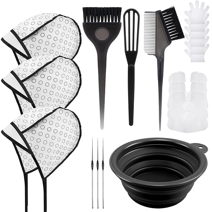 YOOVR 19PCS Hair Bleach Highlighting Kit with Hair Dye Brush and Bowl Set Color Whisk, Highlight Frosting Cap with Hook, Gloves Capes, Home Use Salon Tools for Hair Bleaching Coloring Dying (Black)
