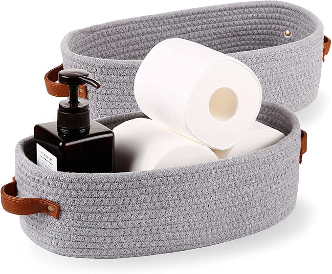 Oradrem 2 Pack Cotton Rope Small Woven Basket,Toilet Paper Basket,Room Storage Basket with Handles for Bathroom, 13"x5.9"x4" Gary