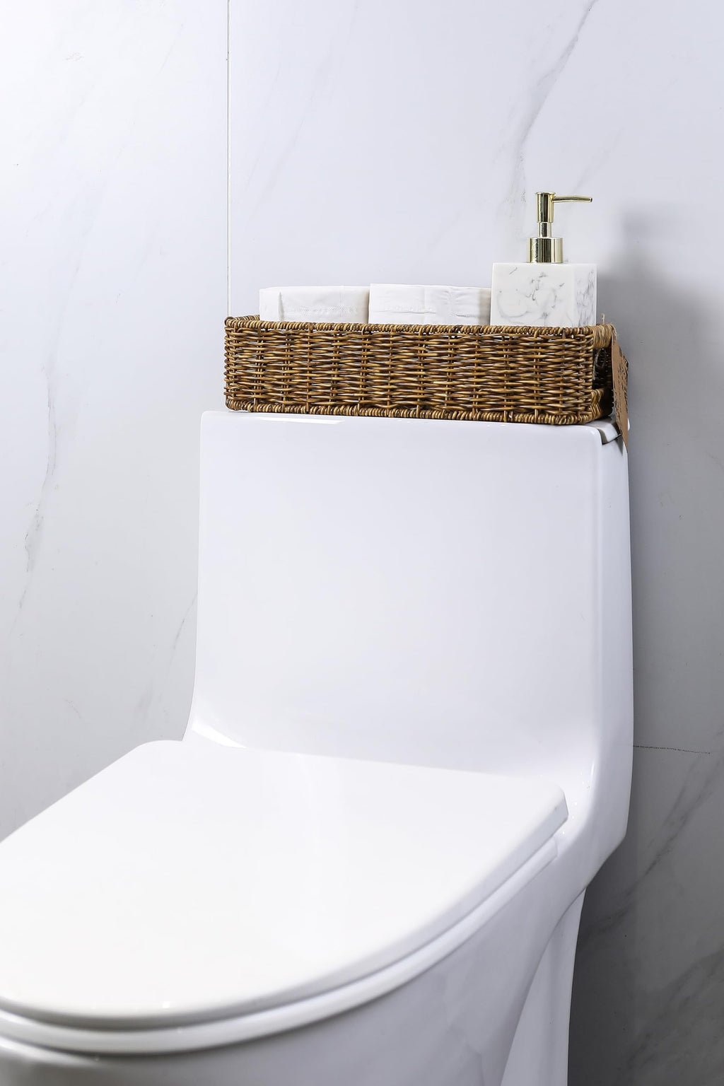 Small Wicker Basket for Toilet: Waterproof Storage Basket Organizing Over Tank Topper Tan 2pack