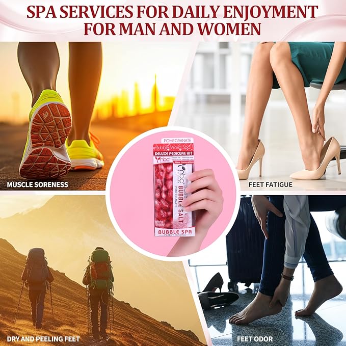 nbc BeautiLab Pedicure Kit Foot Soak Set: Bubble Salt, Sugar Scrub, Massage Mask, Massage Lotion in a Box, 4 Step Foot Spa Kit for Dry Feet,Tired Feet（3 Set Pomegranate)