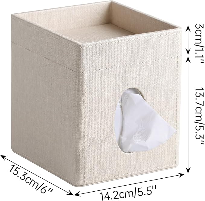 Cretkhp Tissue Box Cover, PU Leather Square Tissue Box Holder with Storage Tray for Bathroom Vanity Countertop Night Stands Bedroom Office Desk, Stylish Tissue Holder Decorative Organizer (Linen)