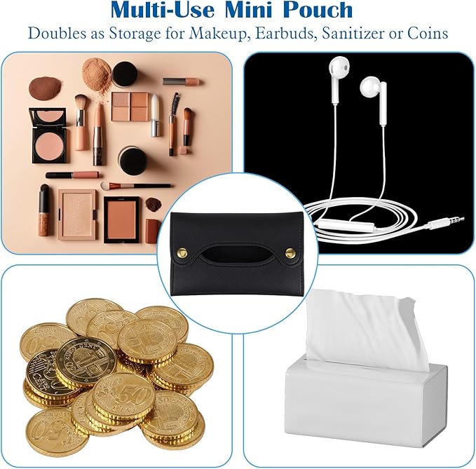 Pocket Tissue Holder, Tissue Holder for Purse, Pocket Paper Towel, Soft PU Leather Reusable Travel Pouch Paper Box Bag for Face Towels, Black