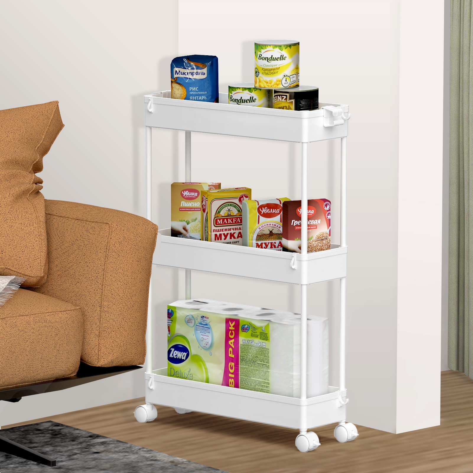 SPACELEAD Slim Storage Cart 3 Tier,Bathroom Organizer Rolling Utility, Mobile Shelving Unit Slide Out for Office, Kitchen, Laundry Room & Narrow Places,White