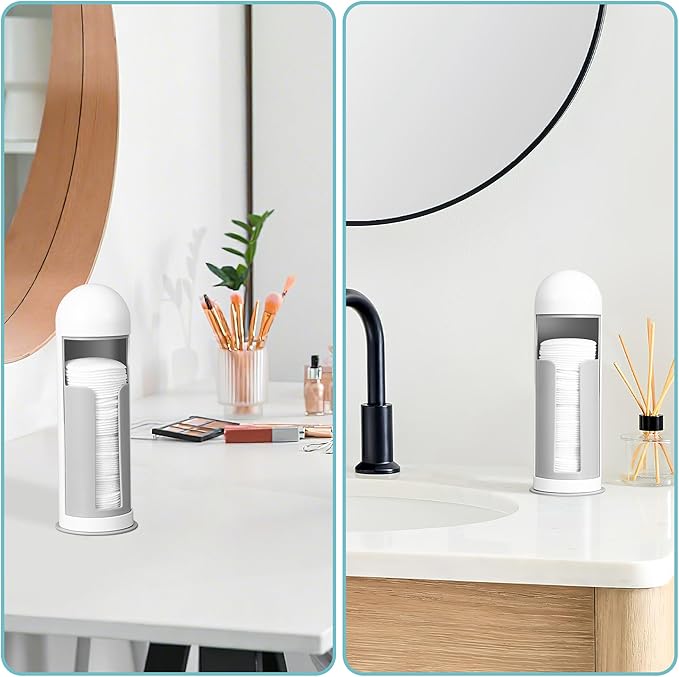 bodkar Cosmetic Cotton Pad Rounds Holder with Rotating Lid, Dust Proof Cotton Pads Dispenser Modern White Plastic Organizer Storage