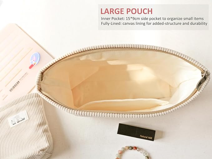 HAPPYHEIDI Corduroy Makeup Bag Set 3 w Pocket Cosmetic Toiletry Travel Pouch Purse Organizer, 3-Size, Soft Creamy Pink